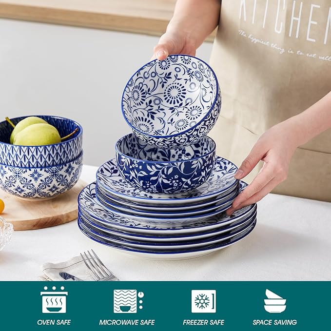 vancasso SELENE Plates and Bowls Set for 4 12 Pieces Dinnerware Sets 8.5 Inch Rectangular Salad Plates Set of 6 Ceramic Salad Plates for Sushi Dessert Appetizer