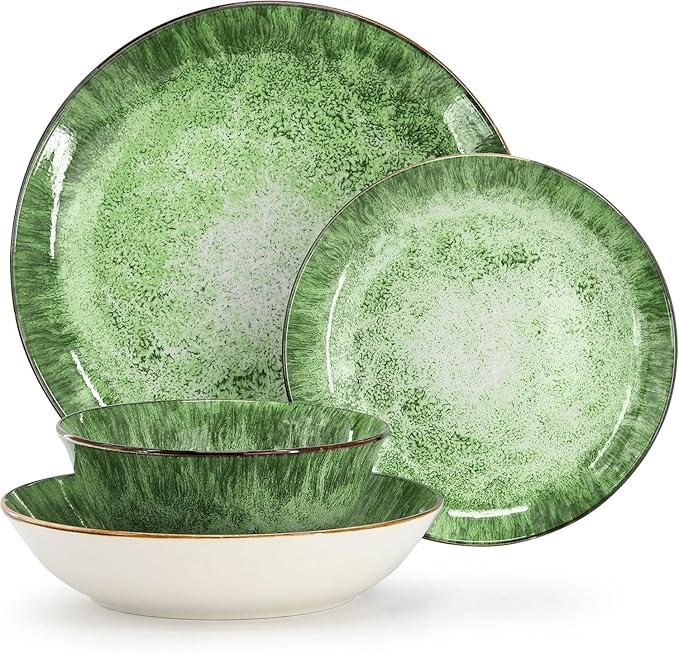 16‑Piece Porcelain Dinnerware Set in Green Double Bowl Design with Dinner Plates Salad Plates and Bowls Dishwasher &amp Microwave Safe (Green)
