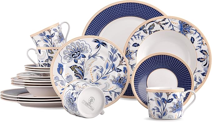 Bone China Dinnerware Set of 20 for 4 pers. Plates and Bowls Sets Dish Set Dinner Plates Set Dishes Set of 20 Stoneware Dinnerware Set (Melodie de Fleurs)