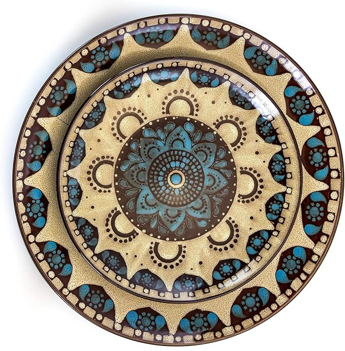 Round Stoneware Dinnerware Set - 16 Piece Tan &amp Blue Clay Heart Design Service for 4 Microwave &amp Dishwasher Safe