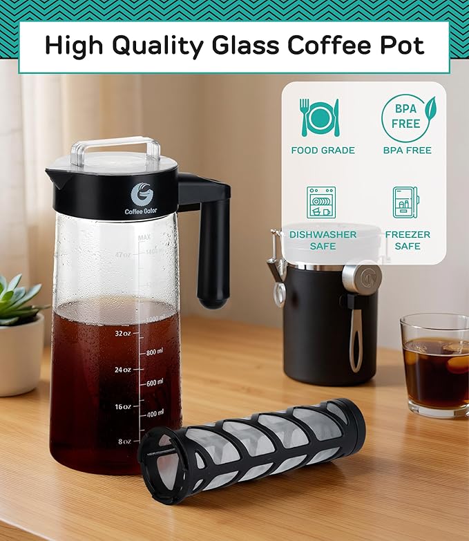 Coffee Gator Cold Brew Coffee Maker - 47 oz Iced Tea and Iced Coffee Maker and Pitcher with Borosilicate Glass Carafe Filter - Black