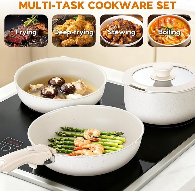 Walchoice 5Pcs Pots and Pans Set Granite Nonstick Cookware Set with Detachable Handle Stackable Kitchen Cooking Set with Saucepan Frying Pans Induction Compatible &amp Oven Safe - Cream White