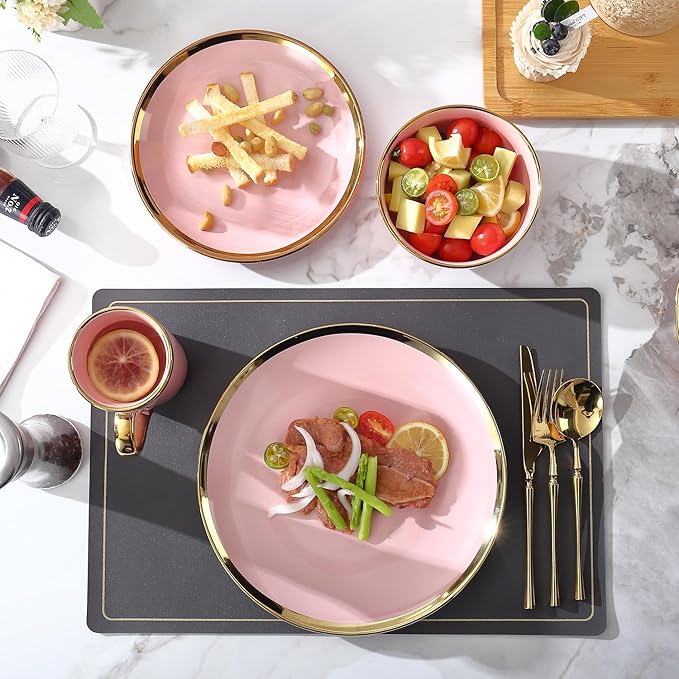Modern Porcelain 16 Piece Pink Dinnerware Set Stoneware Dinnerware Sets for 4Plates and Bowls Sets Dinnerware with Gold Trim Gold Dish SetPink and Golden Rim.