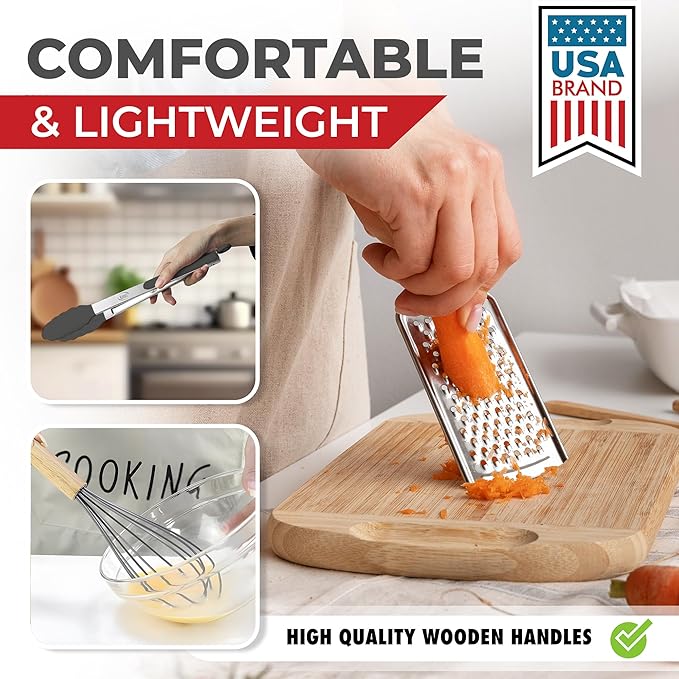 Kaluns 50 PCS Silicone Kitchen Utensils Set Complete Kitchen Set - 800°F Heat Resistant Non-Stick Premium Cooking Utensils W Wooden Handles - Can Opener Masher Turner Silicone Spatula Set