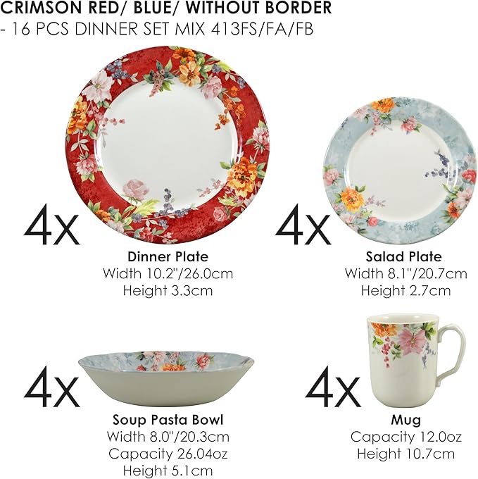 Tudor Royal 16-Piece Porcelain Round Dinnerware Set Service for 4 Crimson Design Summer Floral Plates Bowls Mugs Dishes Glossy Premium Quality Tableware Unique Pattern