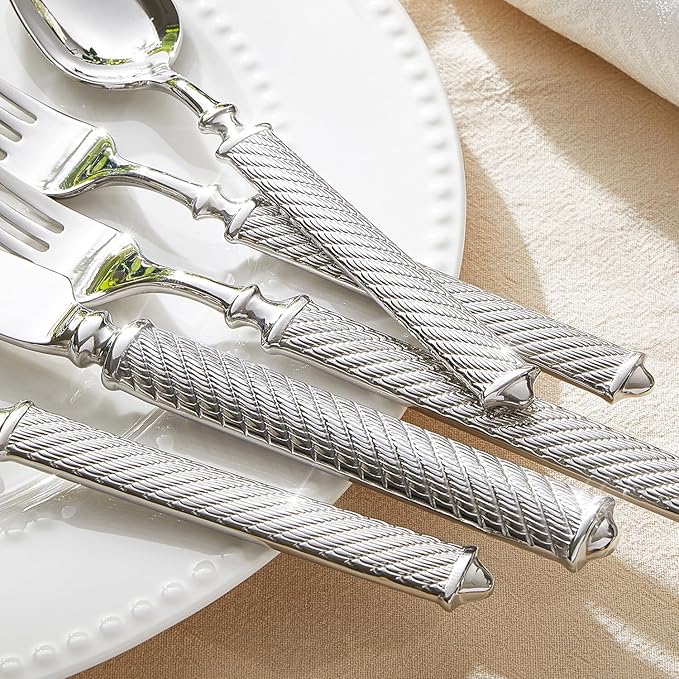 KINGSTONE Retro Rope-Pattern Silverware Set 20-Piece Flatware Set Cutlery Set Forged with Handcrafted Texture Handles 18/10 Stainless Steel Dishwasher Safe