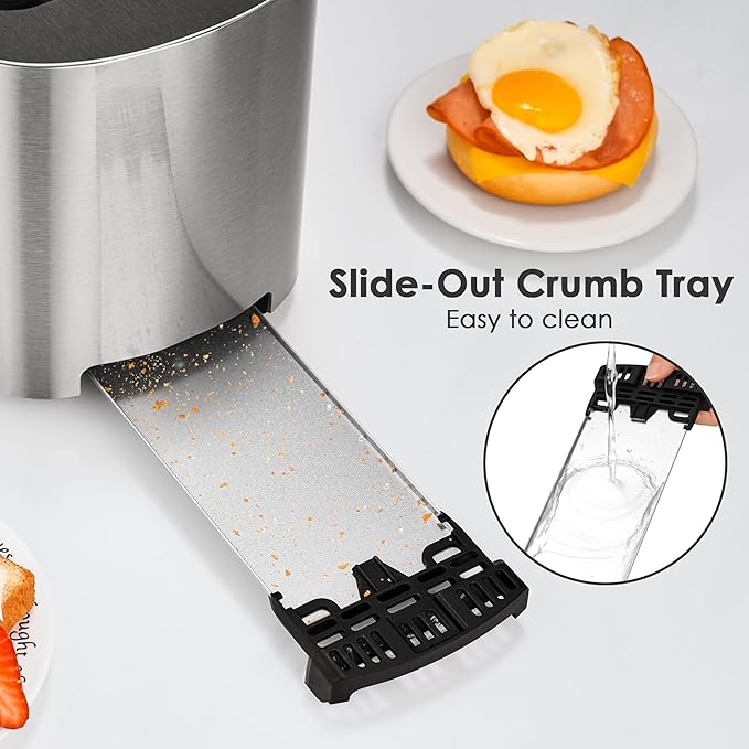 4 Slice Toaster NIKLEMON Full Stainless Steel Toaster with LED Display Touch Buttons with Long Extra Wide Slots Bagel Defrost Reheat Cancel Functions Removable Crumb Tray 1300W