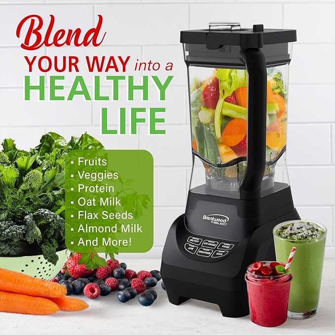 Brentwood Select JBS-1000BK Professional Smart Blender with 1000w Ice Crushing Power Large 8.5-Cup Plastic Jar Stainless Steel Blades Non-Slip Base Dishwasher-Safe Parts Black