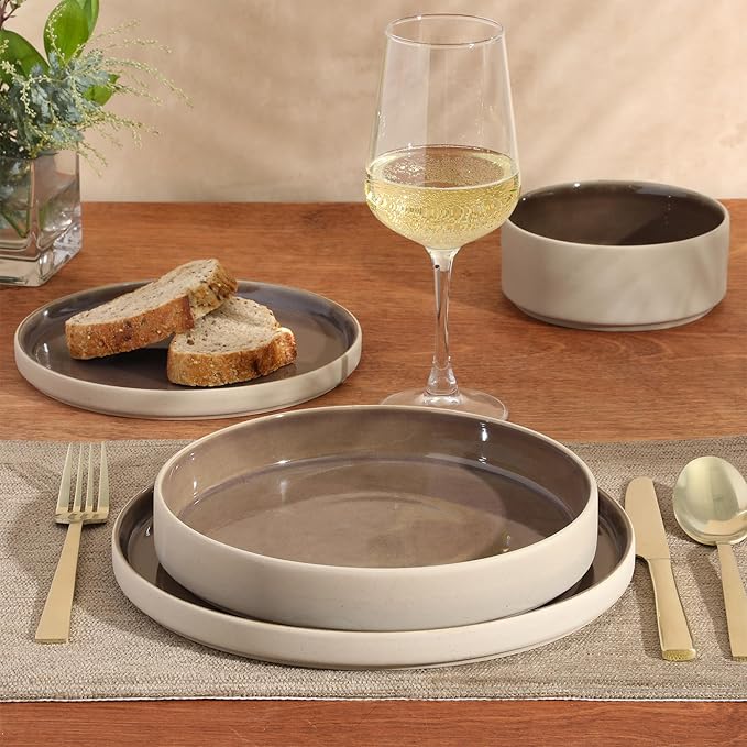Gibson Elite Liberty Bay 16-Piece Pottery Clay Stoneware Dinnerware Set – Mocha Brown Reactive Glaze Stackable Plates and Bowls W/Pasta Bowl Service for 4 – Microwave &amp Dishwasher Safe