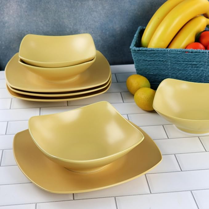 Gibson Home Zen Buffet Matte Porcelain Plates and Bowls Dinnerware Set - Yellow Service for 4 (8pcs)