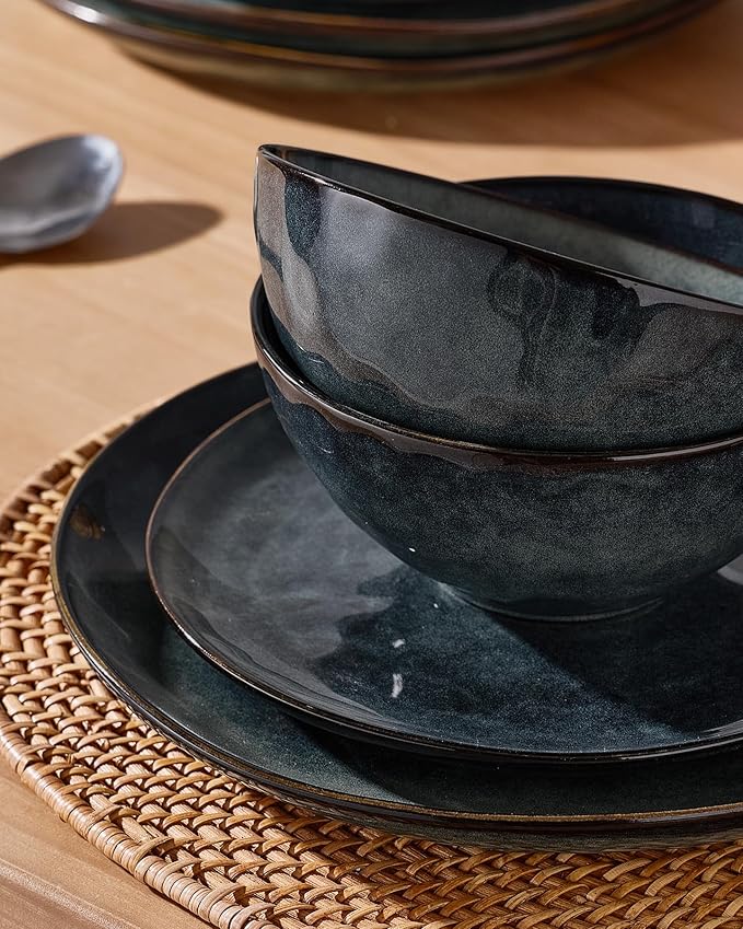 Famiware Dinnerware Sets for 4 Ocean Round 12-Piece Kitchen Plates and Bowls Sets Reactive Glaze Microwave and Dishwasher Safe Scratch Resistant Deep Forest