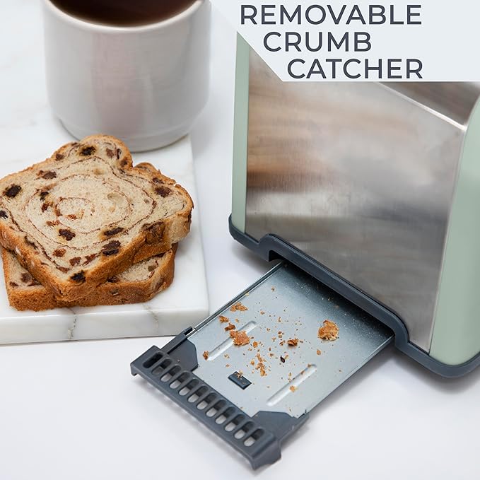 Rae Dunn Toaster Stainless Steel 2 Slice Square Toaster Wide Slot with 5 Browning Levels with Bagel Defrost and Cancel Options (Sage)
