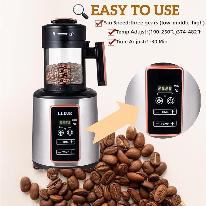 LUEUR Electric Coffee Bean Roaster Machine for Home Use 1500W Hot Air Coffee Roaster with Adjustable Timer Variable Heat &amp Air Fan Settings Chaff Collection Basket 100g Capacity