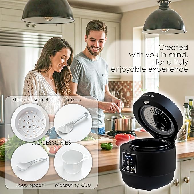 MAGiC COM Rice Cooker 4 Cup Uncooked (8 Cup Cooked) Small Digital Multi-Cooker with Steamer 24H Delay Timer Automatic Keep Warm Non-Stick Pot Perfect for Dorm Travel Single Serve (Black)