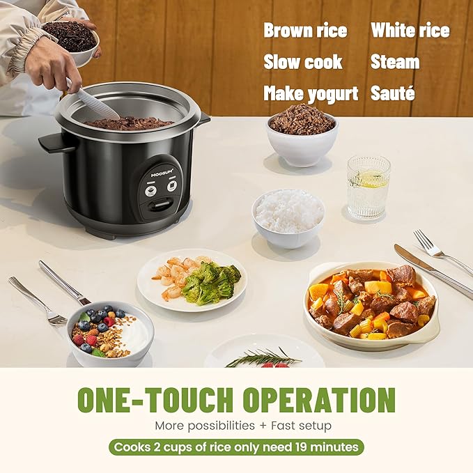 3-Cup Uncooked Rice Cooker Small Stainless Steel Non-Toxic Inner Pot One-Touch Multifunction for Rice/Sauté/Yogurt Dishwasher Safe 1-3 People Size Black