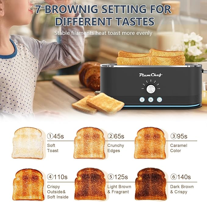 4-Slice Toaster Extra Wide Long Slot Toaster 7 Browning Settings Defrost/Reheat Functions Removable Crumb Tray Stainless Steel Housing Anti-Fingerprint &amp Anti-Jam (Black)