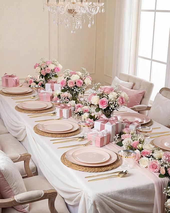 bUCLA 150PCS Pink Plastic Plates - Pink and Gold Disposable Include 25 Each (Dinner &amp Dessert) Plates 25 Knives 25 Forks 25 Spoons and 25 Cups Ideal for Party Wedding &amp Easter