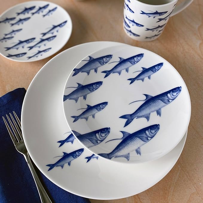 Caskata School of Fish Salad Plates Set of 4 | High-Design Lead-Free Porcelain Dinnerware Plate Set | Blue Dinnerware Set for Entertaining Everyday Birthday Mothers Day Gifts | 8.5 in