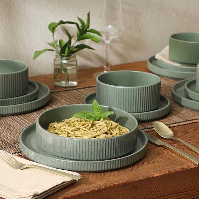 Gibson Elite Deerfield 16-Piece Stoneware Dinnerware Set – Matte Green Stackable Plates and Bowls Reactive Glaze Finish Service for 4 – Microwave &amp Dishwasher Safe