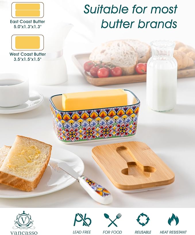 vancasso SIMI 12 Pieces Plates and Bowls Set and 6.5 Large Butter Dish for Countertop Microware and Oven Safe Tableware