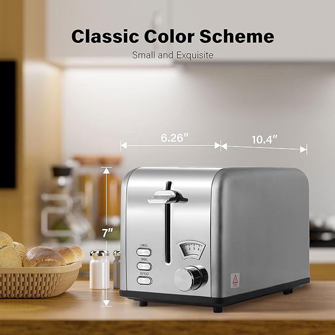 YSSOA 2-Slice Toaster with Extra Wide Slot &amp Removable Crumb Tray 5 Browning Setting and 3 Function: Bagel/Defrost/Cancel Retro Stainless-Steel Style for Bread &amp Waffle Silver