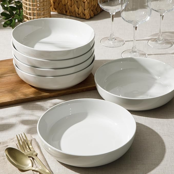 Gibson Home Zen Buffet 6-Piece 41oz Large White Pasta Bowls Porcelain Ceramic Chip and Scratch Resistant Shallow Salad Bowl Serving Bowls Soup Bowls Set Dishwasher &amp Microwave Safe