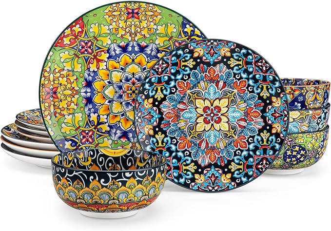vancasso 12 Pieces Dinnerware Sets Plates and Bowls Set Porcelain Dishes Set for 4 Microwave and Dishwasher Safe Scratch Resistant Bohemian Style Dining Ware Service for 4 Series SIMI