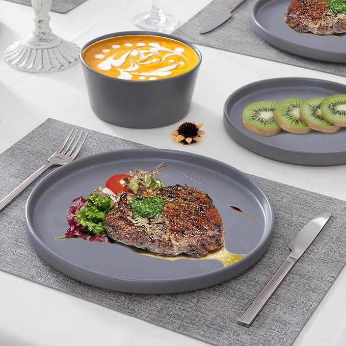 Asrug Gray 12-Piece Plates and Bowls SetsCeramic Dish Sets for 4 Chip Resistant and Scratch Dinnerware Set Dining Dinner Porcelain Dishware Microwave and Dishwasher Safe (Gray)