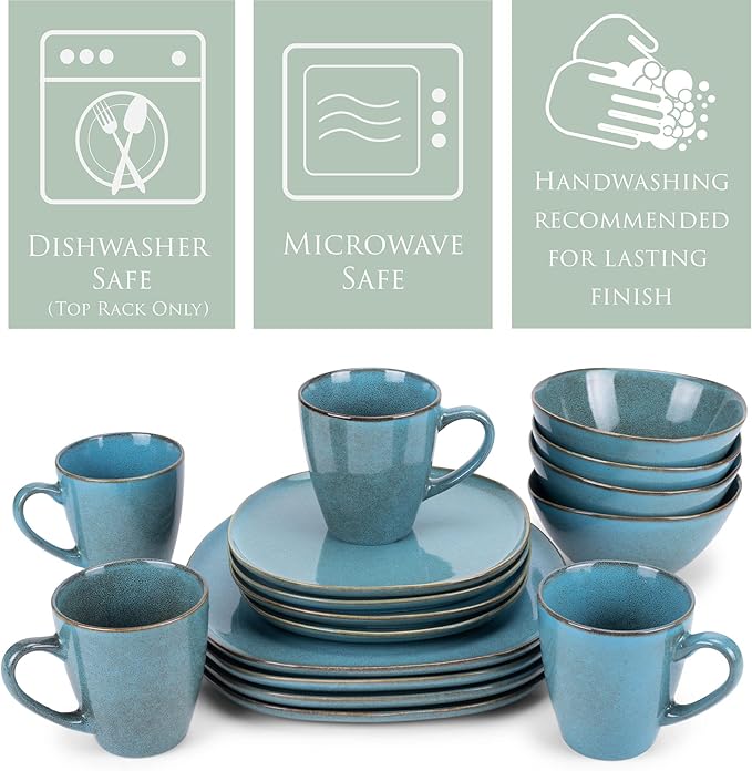 Elanze Designs 16-Piece Modern Luxury Chic Smooth Vintage Handmade Shape High Gloss Ceramic Stoneware Square Plate Mug &amp Bowl Kitchen Dinnerware 16 Piece Set - Service for 4 Turquoise