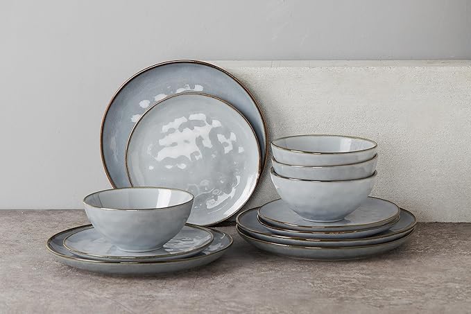 Famiware Ocean Round Plates and Bowls Sets for Kitchen 16-Piece Dinnerware Sets for 4 Reactive Glaze Blue