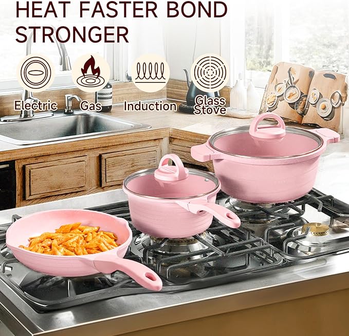 JEETEE Pink Pots and Pans Set Nonstick 23pcs Healthy Kitchen Cookware Sets Induction Cooking Set Pink Frying Pans Saucepans Sauté &amp Griddle &amp Crepe Pan (PFOA Free)