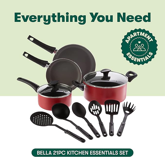 BELLA Cookware Set 12 Piece Pots and Pans with Utensils Nonstick PFOA Free Scratch Resistant Cooking Surface Compatible with All Stoves Nylon and Aluminum Red