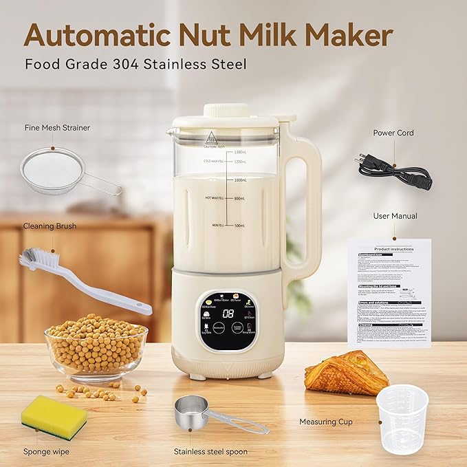 8 in 1 Nut Milk Maker Blender With 20 Bladers40oz Soy Almond Oat Coconut Plant Based and Non Dairy Beverages Automatic Soybean Machine With Delay Start/Keep Warm/Boil Water/Auto-clean