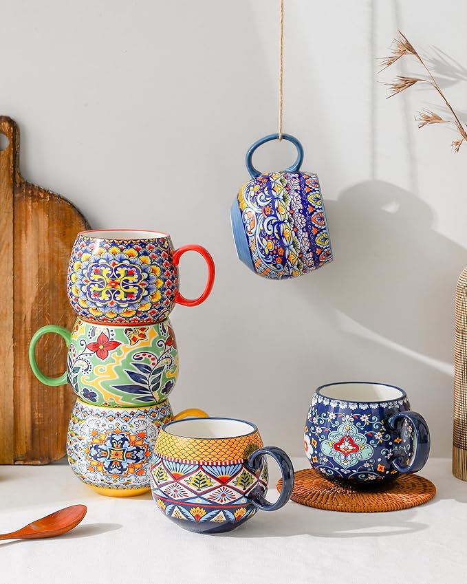Bohemian Dinnerware Set – 24-Piece Porcelain Dinner Set with 6 Cereal Bowls 6 Dinner Plates 6 Salad Plates &amp 6 Coffee Mugs – Vibrant Hand-Painted Microwave &amp Dishwasher Safe