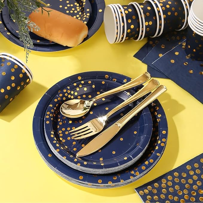 175PCS Blue Plates and Napkins Party Supplies Blue and Gold Party Decorations Serve 25 Guests - Royal Blue Paper Plates for Birthday 2026 Graduation Party Decorations