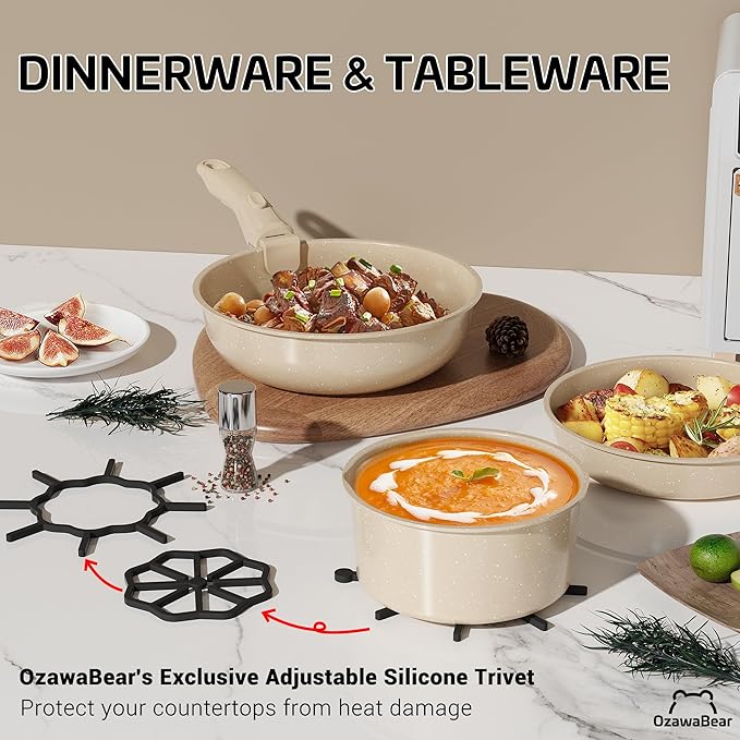 23 Pcs Pots and Pans Set Non Stick Ceramic Cookware Set Non Toxic with Detachable Handles Healthy Induction Cookware Oven Safe RV Kitchen Set PFAS PFOA &amp PTFE Free Taupe