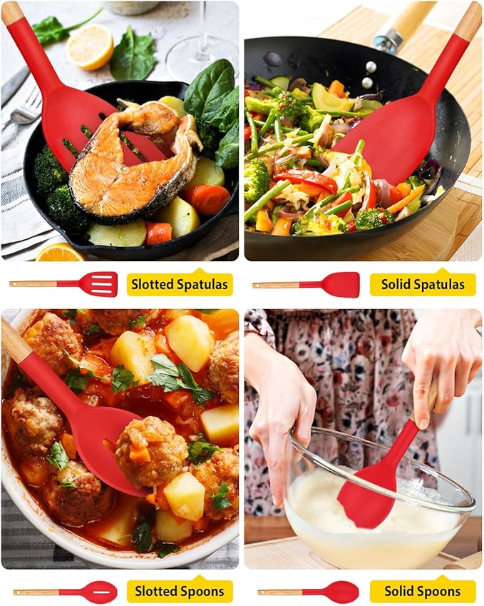 Pack of 4 Silicone Cooking Utensils Set Non Stick Solid Spatulas and Heat Resistant Slotted Spoons with Wooden Handle Ideal Wood Kitchen Utensils Set for FryingServingTurningStirring (RED)