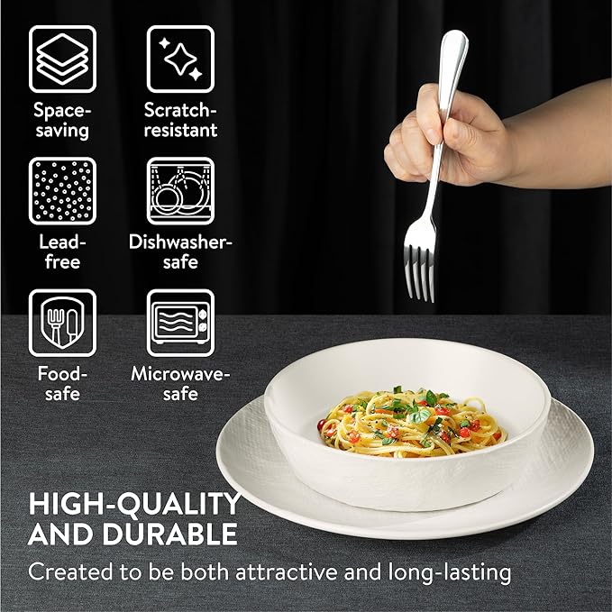 Navaris Linen Artisan Stoneware Dinnerware Set (18 Pieces) - White Dinnerware with Dinner Plates Side Plates and Pasta Bowls - Dishwasher and Microwave Safe