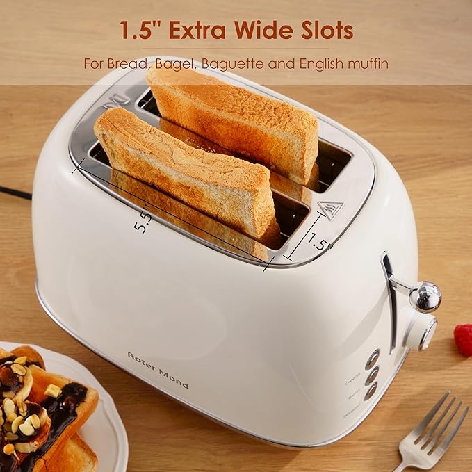 Roter Mond 2 Slice Toaster Retro Stainless Steel with Bagel Cancel and Defrost Functions 6 Bread Shade Settings Extra Wide Slots and Removable Crumb Tray Cream