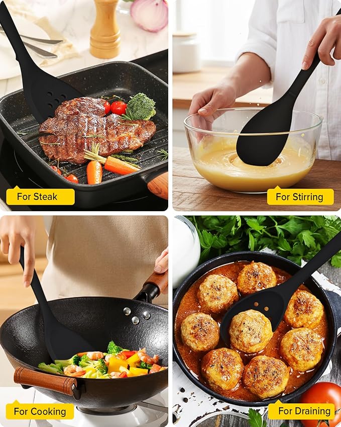 Silicone Cooking Utensils Set 9 Pcs Heat Resistant Kitchen Utensils with Back Hooks BPA Free Kitchen Tools with Spatulas Spoons Skimmer and Pasta Fork for Non Stick Cookware (BLACK)