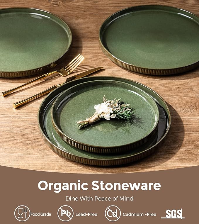 GBHOME Stoneware Dinnerware Sets for 4 12 Pieces Ceramic Ribbed Plates and Bowls Set Reactive Glaze Stackable Plate Sets Scratch Resistant Dishes Microwave &amp Dishwasher Safe Sage Green