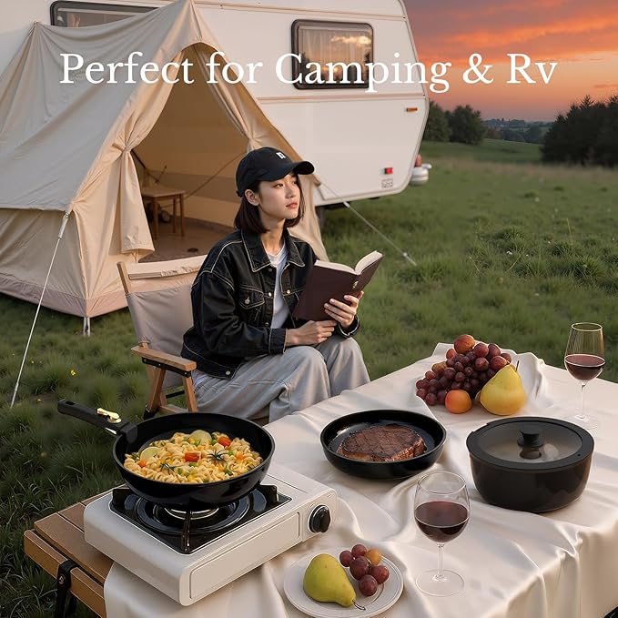 Pots and Pans Set Non Stick Ceramic Cookware Set Detachable Handle RV Camping Kitchen Cooking Set Removable Handles Dishwasher/Oven/Fridge Safe Induction Space SavingBlack Gold