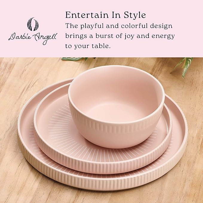 Darbie Angell Mod Blush 12 Piece Durable Stoneware Dinnerware Set Service for 4 Plate and Bowl Set with High Rims Modern Tableware Pink