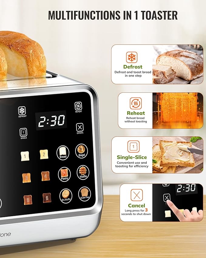 Keenstone Toaster 4 Slice Digital Smart Toaster with TouchScreen Dual Control Panel Single Slot Toasting Timer Reheat &amp Defrost for Bagels Bread Waffles Stainless Steel Kitchen Essentials