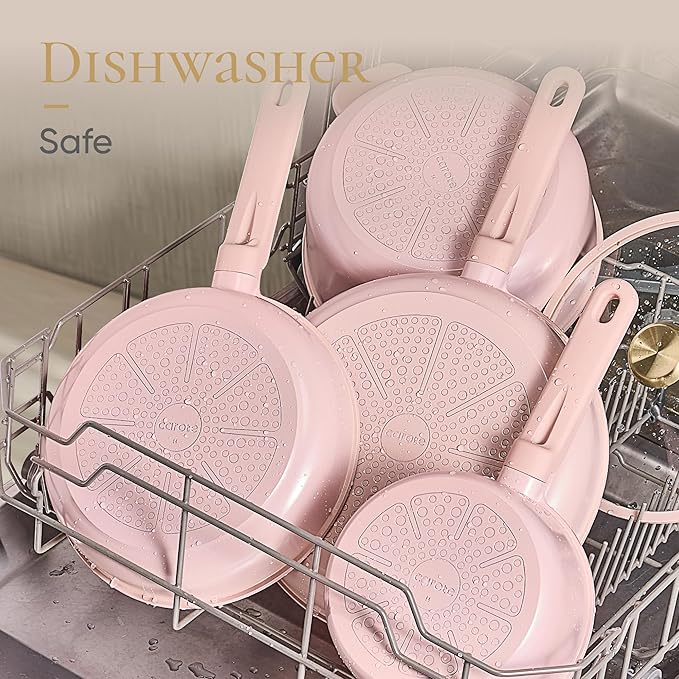 CAROTE Ceramic Cookware Set Nonstick 14pcs Pots and Pans Set Nonstick Non-Toxic &amp PFAS-Free Dishwasher RV/Camping Cookware Set Cooking Pots with Lids Pink Blush