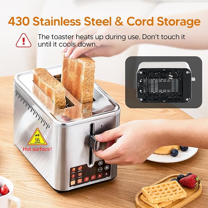 Trisiko® Touch Screen Toaster 2 Slice Stainless Steel Smart Toaster with Digital Timer 1.38 Extra-Wide Slots for Bread&amp Bagelwith Reheat Defrost Cancel +15s Boost Great for Home OfficeDo