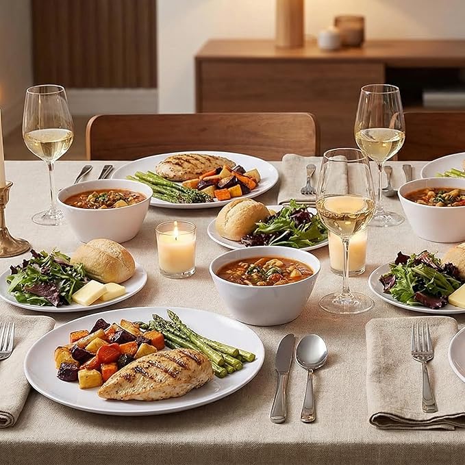 Melamine Dinnerware Set - 12pcs Plates and Bowls for 4Durable Melamine Dishes Set for Everyday Use Lightweight &amp Dishwasher SafeWhite