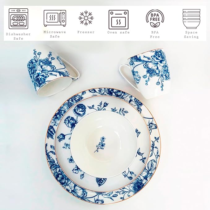 Blue Rose Plates and Bowls Sets Dishes Set for 4 Ceramic Plates and Bowls Set Service for 4 Bone China Dinnerware Set Salad Dessert Plates and Cereal Bowls Set Microwave safe by KOKEN