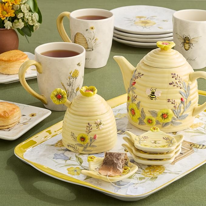 Bee Sweet 16-Piece Ceramic Dinnerware Set – Service for 4 Farmhouse Bee and Floral Design Includes 4 Dinner Plates 4 Salad Plates 4 Bowls 4 Large Mugs – Microwave &amp Dishwasher Safe
