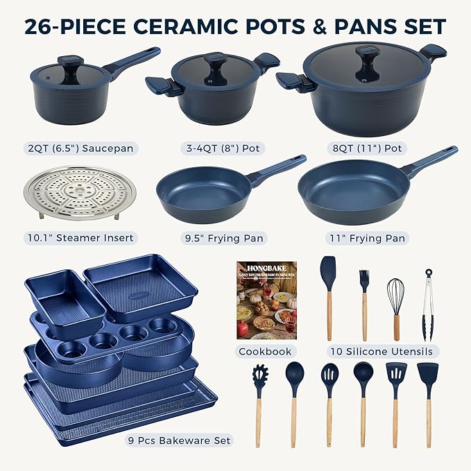 HONGBAKE 26 Pcs Pots and Pans Set Non Stick Non Toxic Ceramic Cooking Set With 10 Silicone Utensils Kitchen Induction Cookware &amp Bakeware Sets with Diamond Texture Pattern PFOA Free Blue